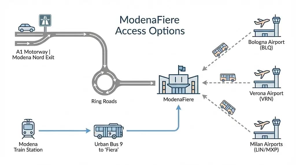 Infographic showing ModenaFiere access options for Pet Expo & Show Modena 2026