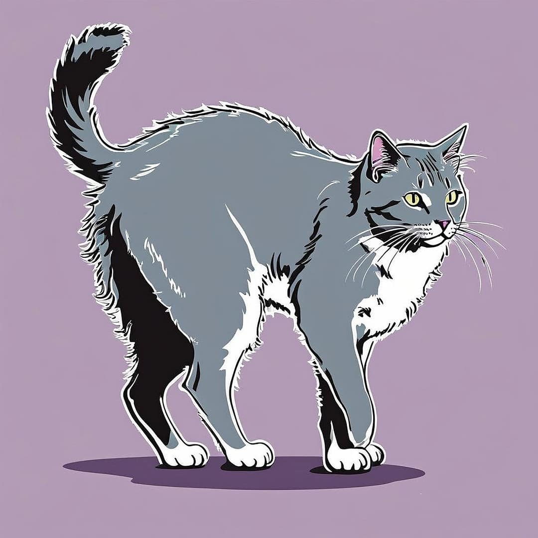 Eine grau-weiße Katze, die sich mit aufgeplustertem Schwanz zusammenrollte.