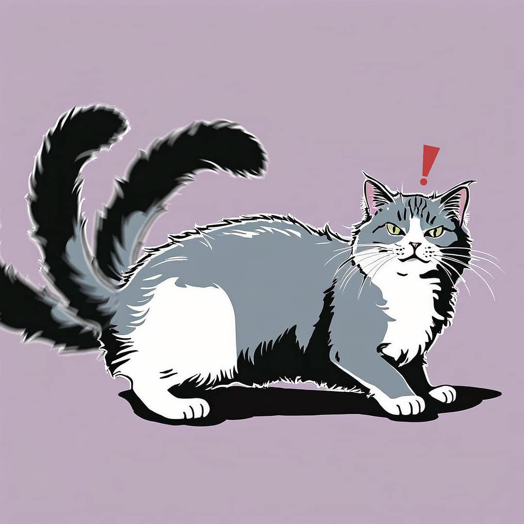 Eine grau-weiße Katze steht da, wedelt schnell mit dem Schwanz und sieht ungeduldig aus.