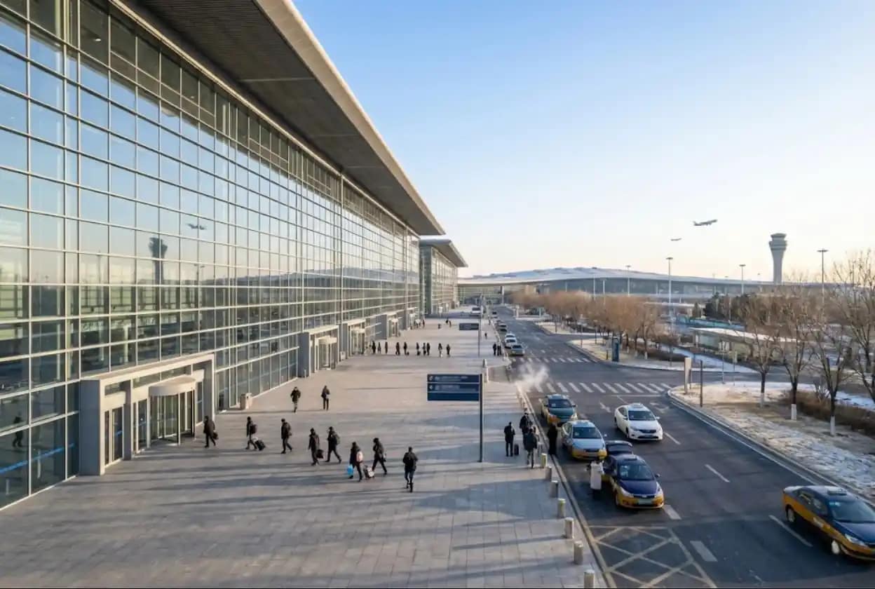 Exterior of a large Beijing exhibition center with multiple entrances and drop-off area