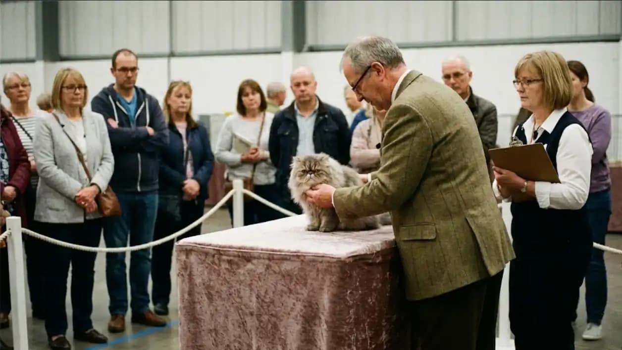 Cat show judging ring scene with judge, steward, and calm crowd distance