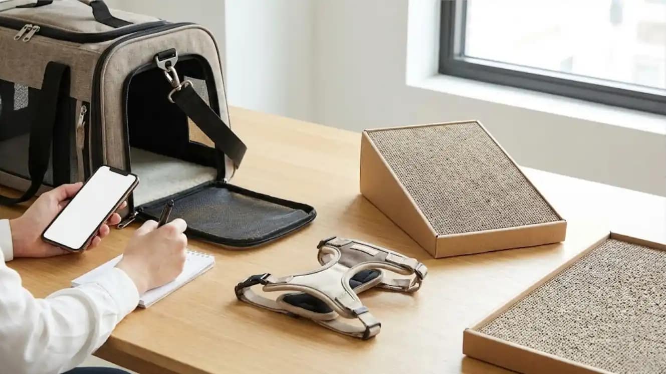 Cat owner comparing carrier closures, harness fit, scratcher stability, and litter system materials