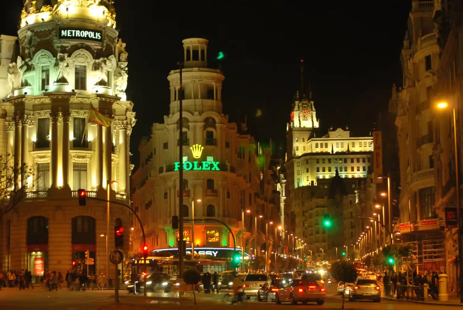 Night view near Gran Vía and Calle de Alcalá, central Madrid
