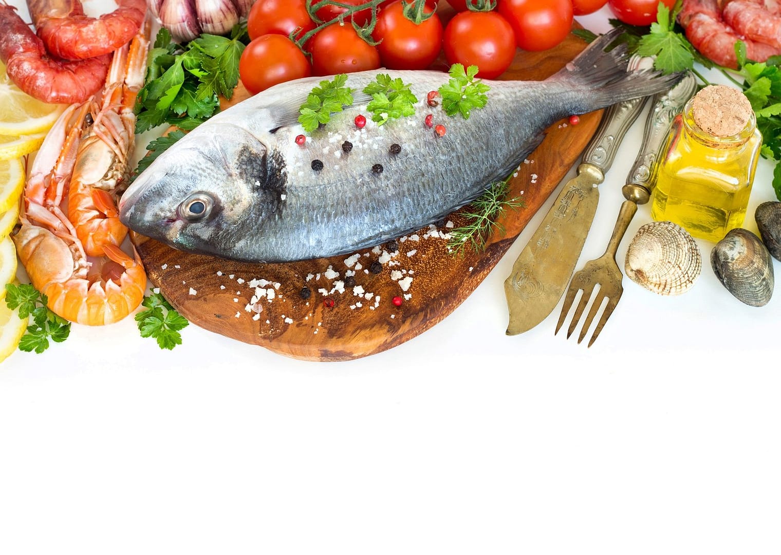 Fresh dorado fish and seafood