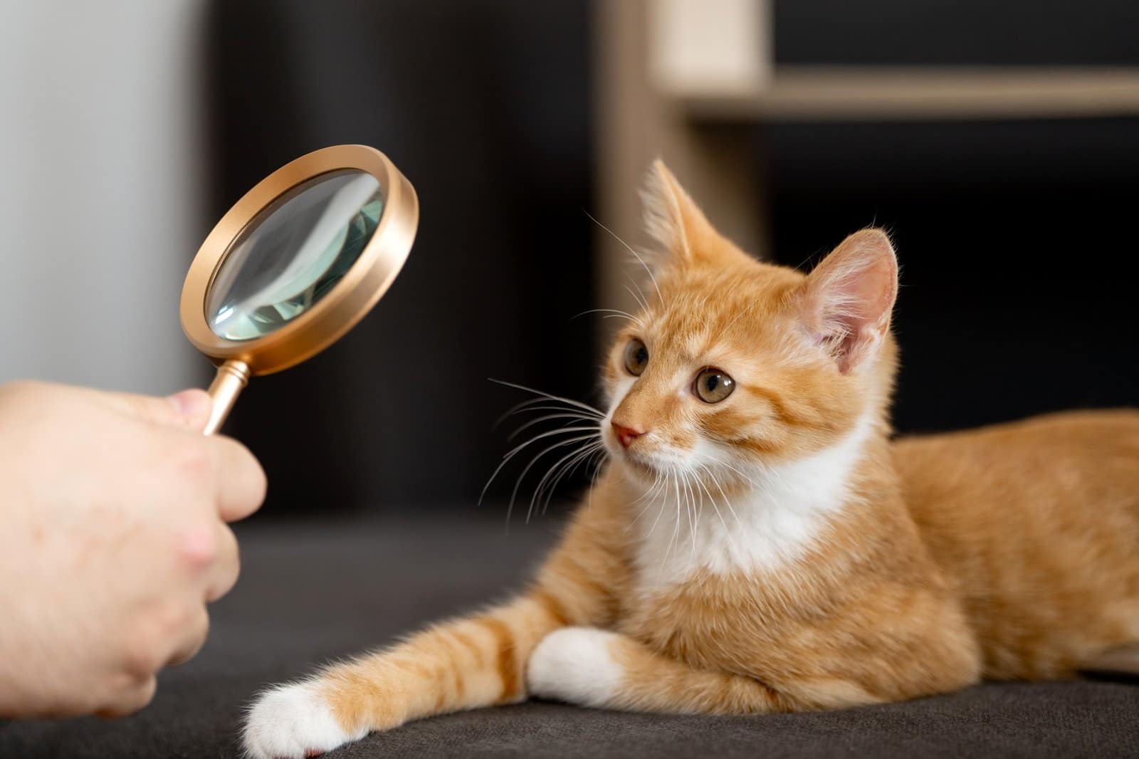 The owner looks at his orange cat through a magnifying glass.