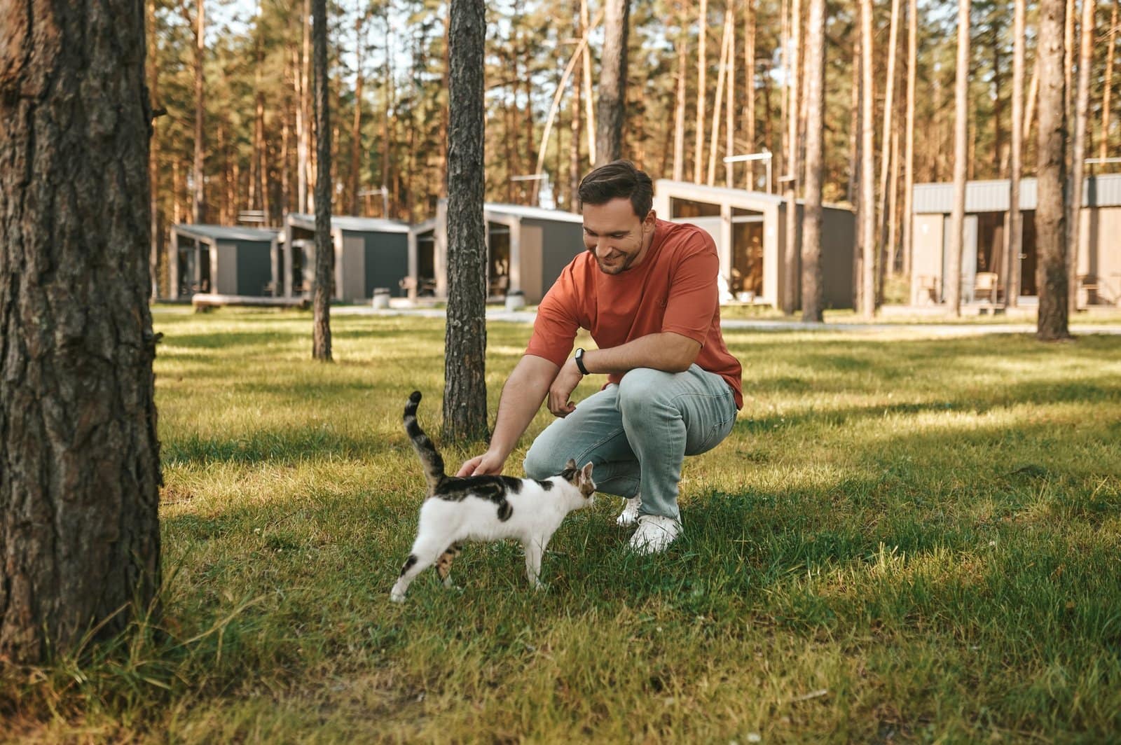 Mann hockt auf Rasen und berührt Katze