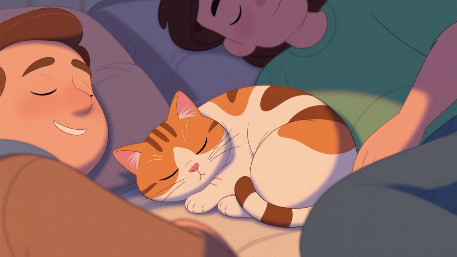 Cartoon-style orange tabby cat curled up asleep between two people in bed, showcasing cats’ tendency to seek warmth and companionship.