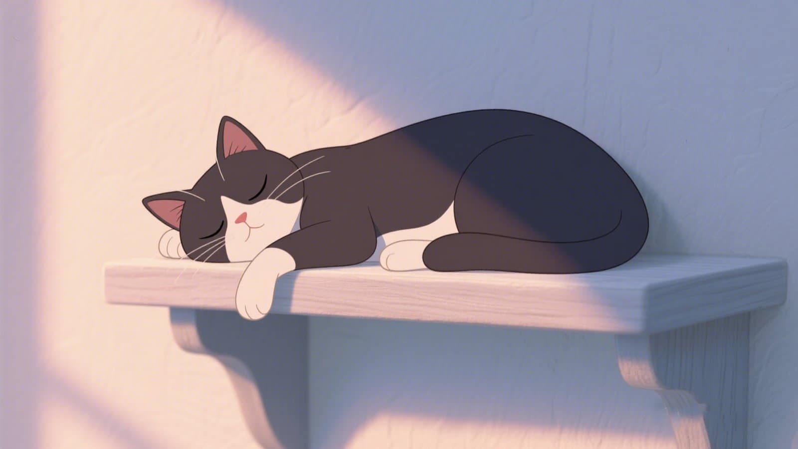 Cartoon black and white cat napping on a sunlit shelf, highlighting feline behavior of sunbathing while resting in high places.