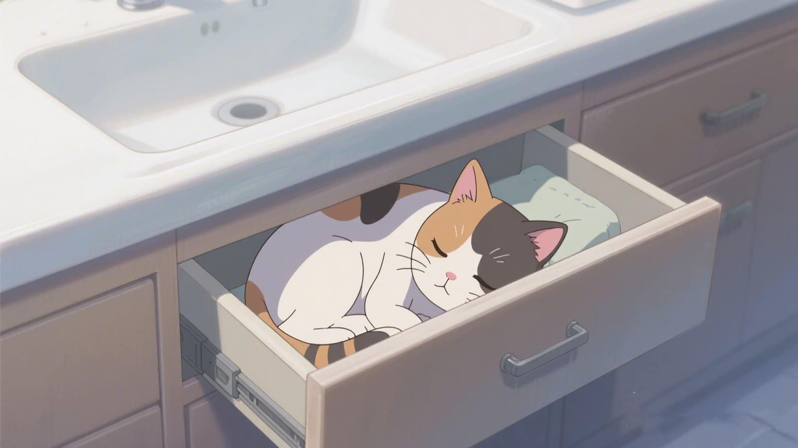Animated cat curled tightly inside a drawer beneath a sink, illustrating cats' love for cozy, enclosed sleeping spaces.