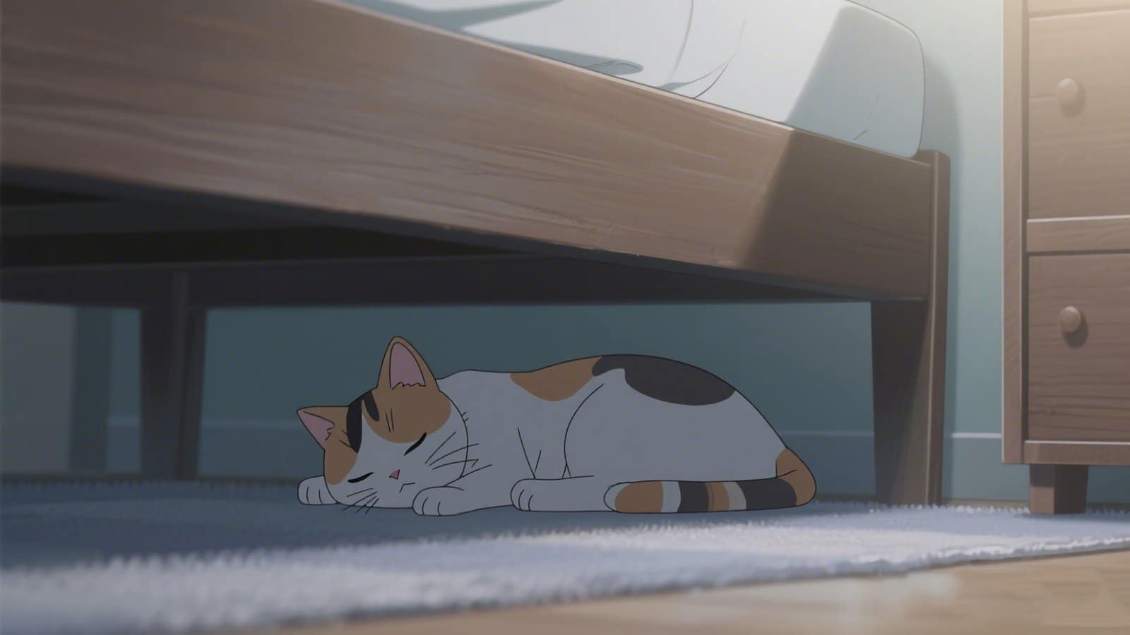 Cartoon calico cat sleeping quietly under a bed on a soft rug—showcasing feline preference for quiet, hidden nooks.