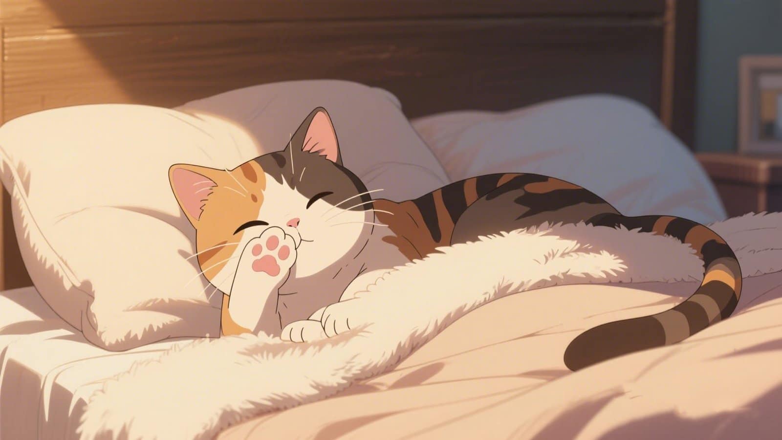 Cartoon calico cat lying in bed with a paw draped over its nose, portraying a common position for blocking light or warmth.