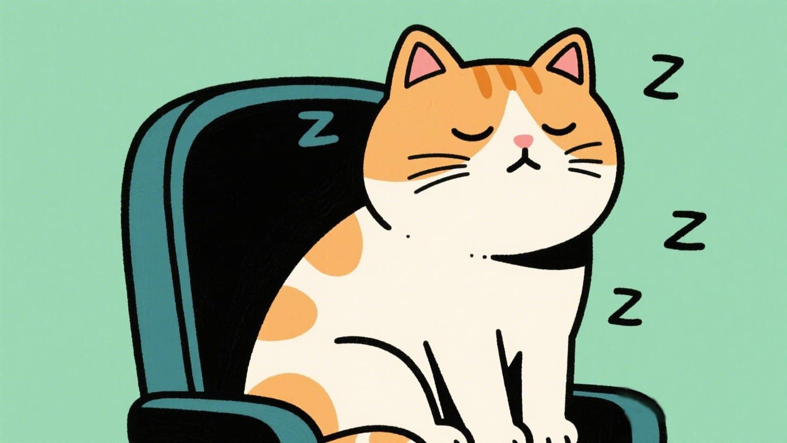 Vector-style image of an orange and white cat sitting upright in a chair, dozing off with "Z" symbols—portraying cat naps in odd postures.