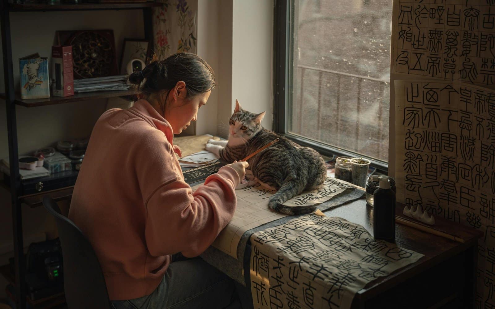 Una mujer se concentra en la caligrafía china junto a un gato en un acogedor apartamento de Nueva York.