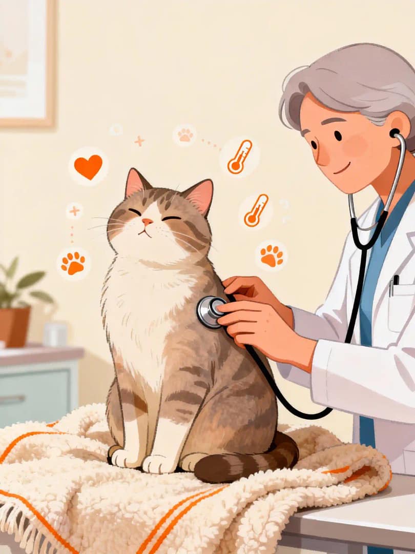 Healthy relaxed house cat sitting on a soft blanket while a kind veterinarian gently checks with a stethoscope
