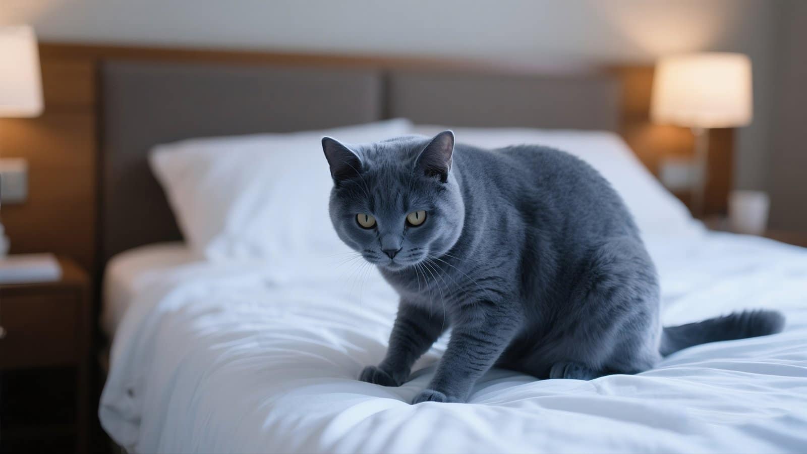 A blue cat pees on the bed in the bedroom and is always aware of its surroundings