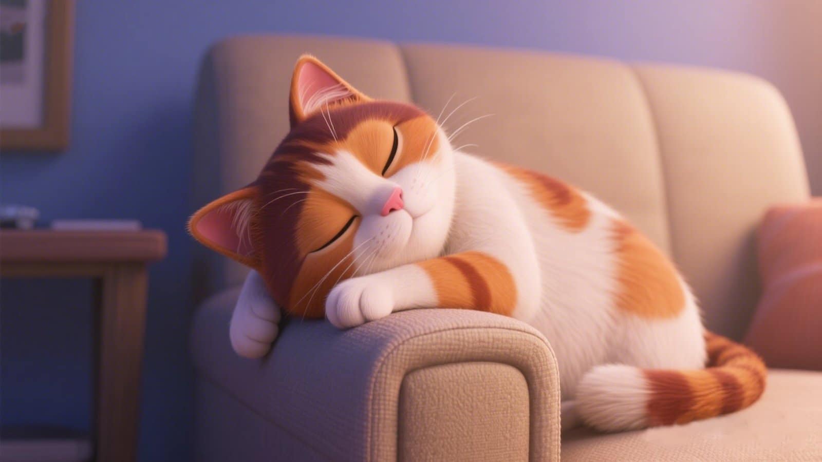 Adorably animated cat sleeping on a sofa armrest with its head gently tilted, illustrating feline relaxation in safe indoor spaces.