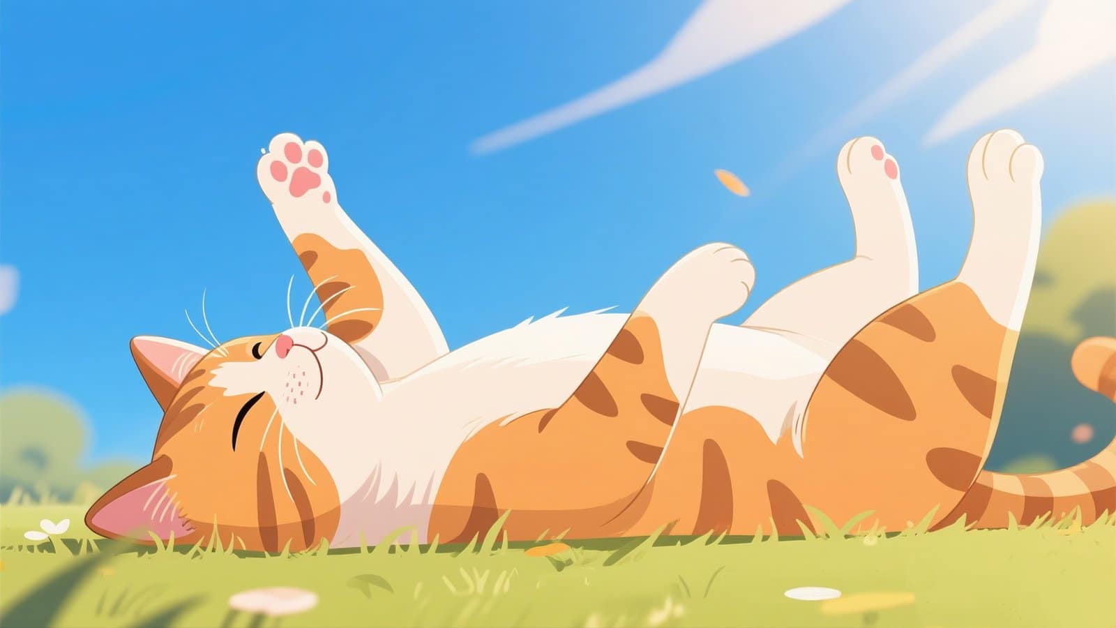 Illustrated cat lying belly-up in the sunshine, legs relaxed, a classic sign of total trust and contentment in its environment.