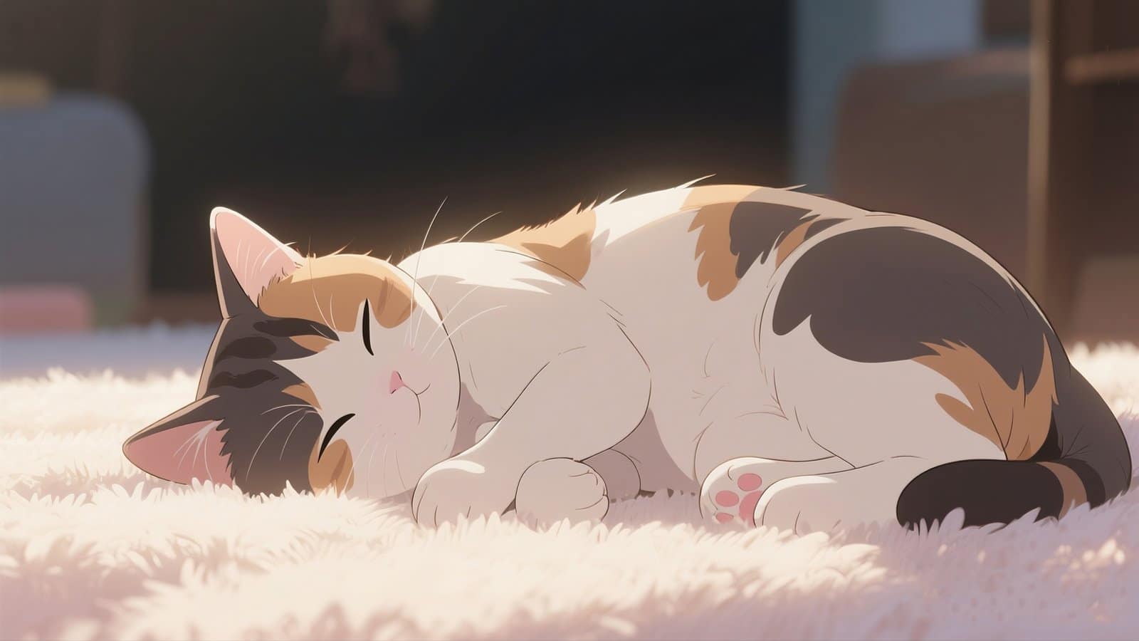 Anime-style sleeping calico cat stretched out on a fluffy carpet, portraying a sense of calm and security.
