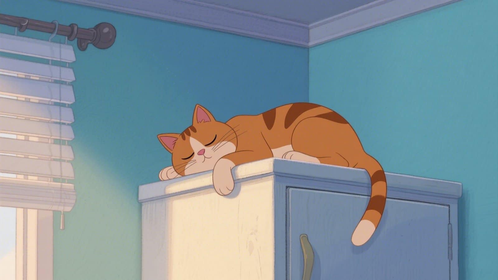 Animated tabby cat sleeping atop a tall cabinet, illustrating a cat's preference for elevated, secluded sleeping spots.