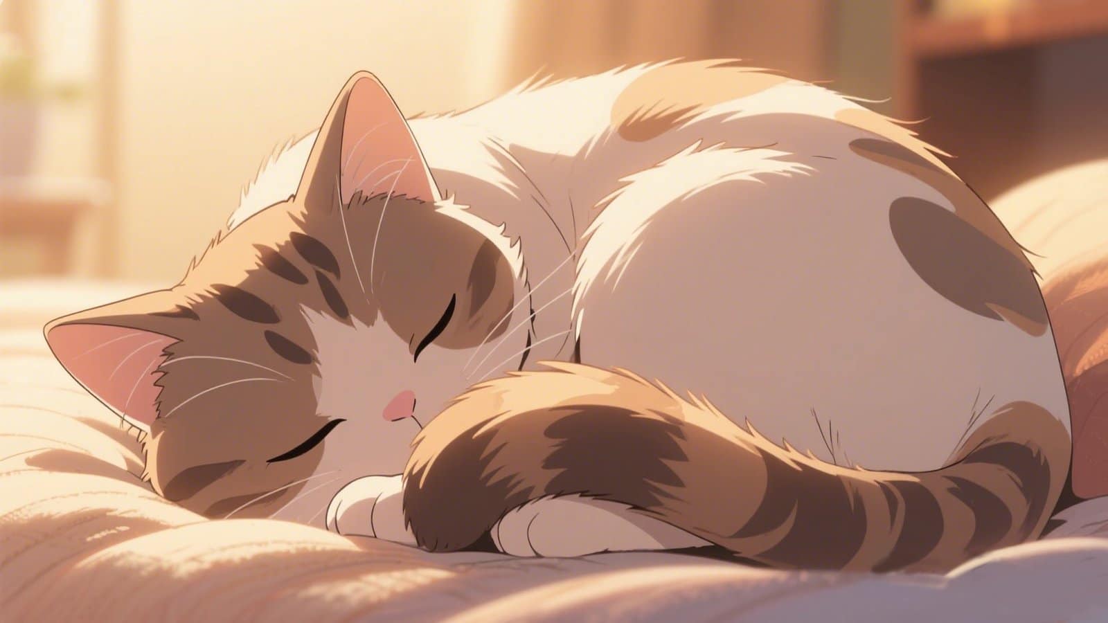 Animated fluffy cat curled into a tight ball with tail wrapped around its face, conserving warmth during sleep.