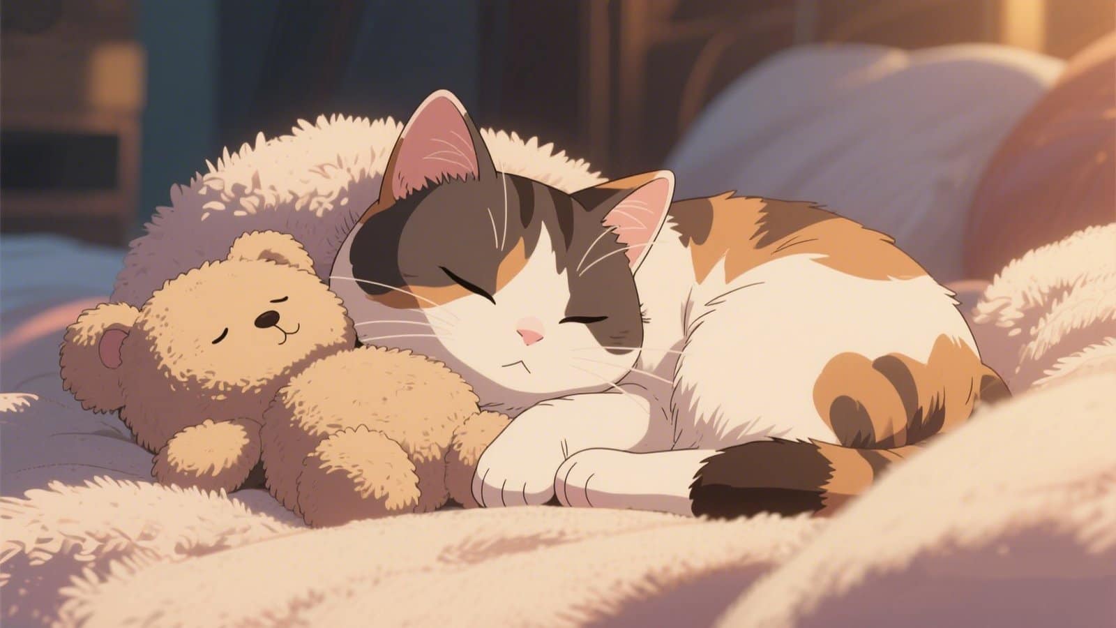 Animated calico cat snuggled up with a teddy bear, sleeping soundly on a fluffy blanket—capturing feline affection and emotional comfort.