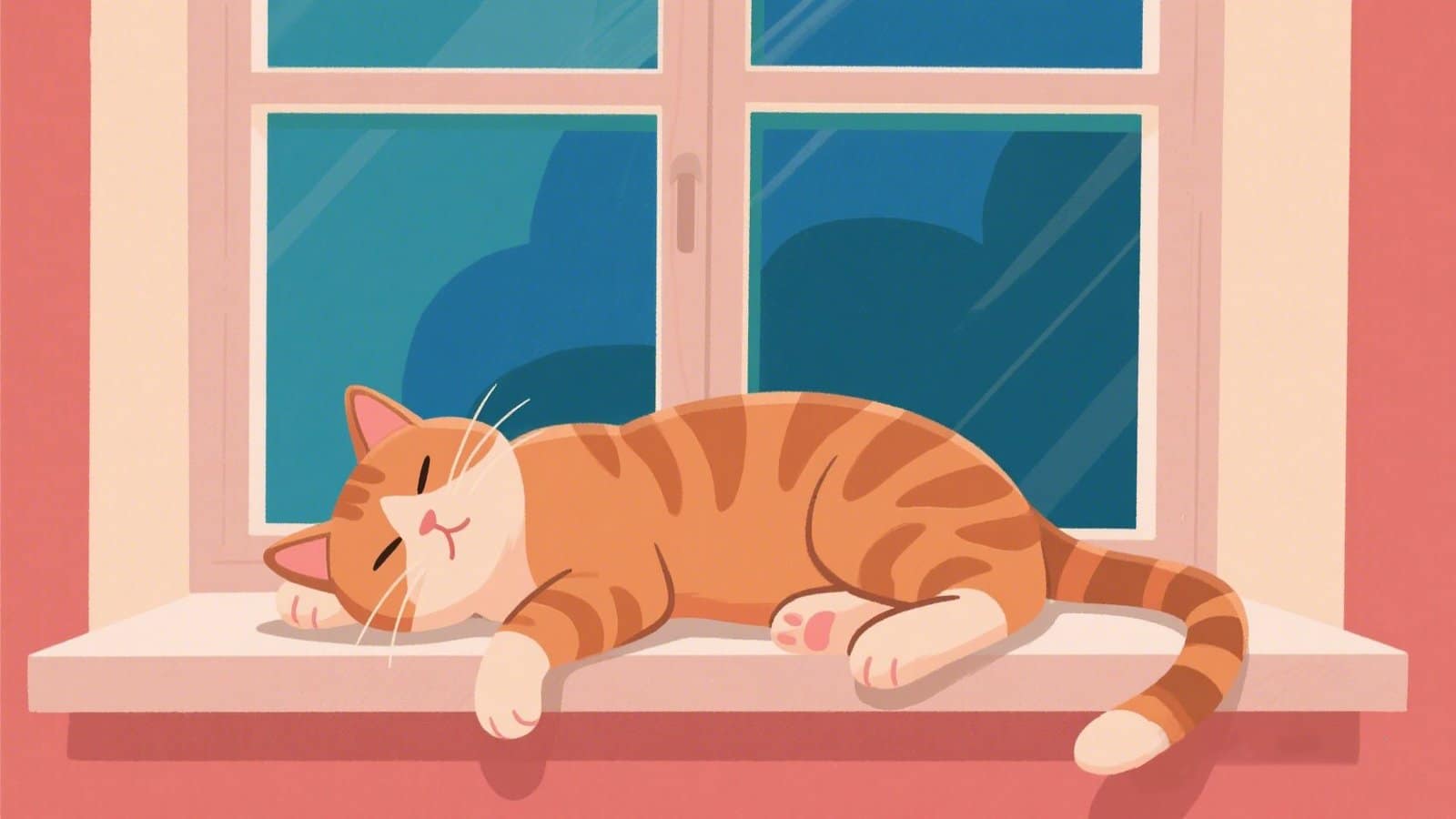 Flat-style illustration of an orange tabby cat lazily stretched on a windowsill, enjoying indoor light and view.