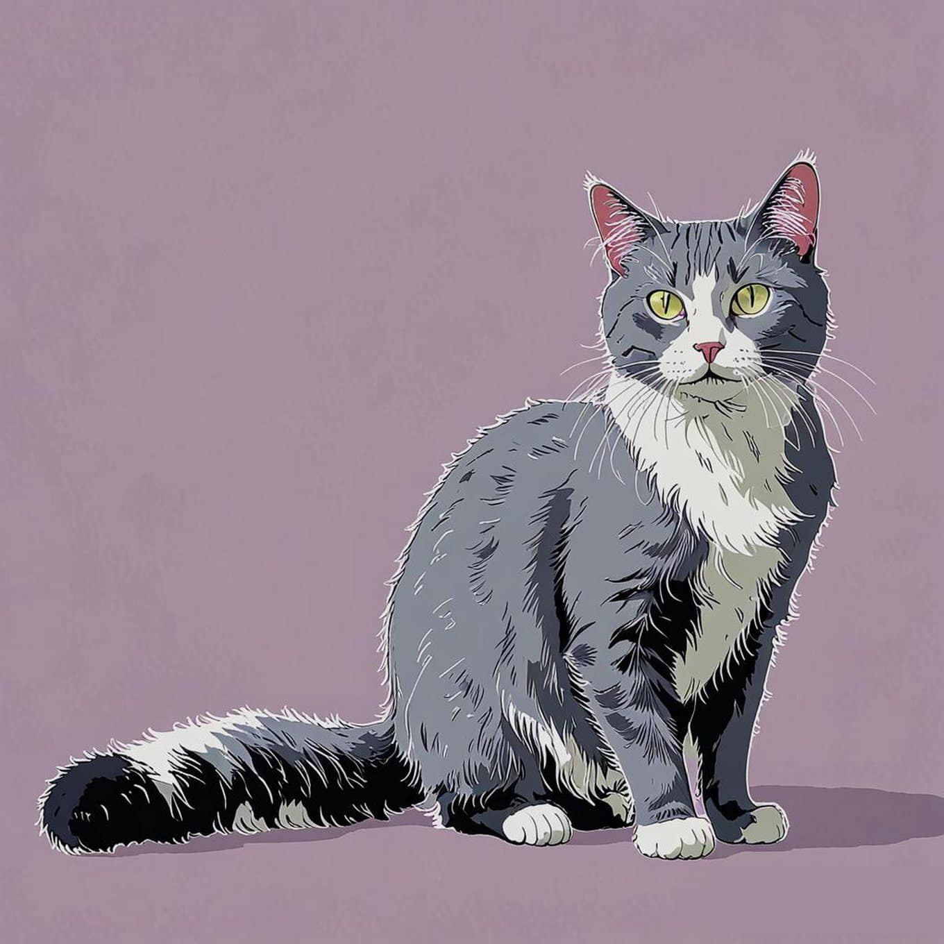 A gray and white cat sitting on the ground with its tail in a neutral, horizontal position
