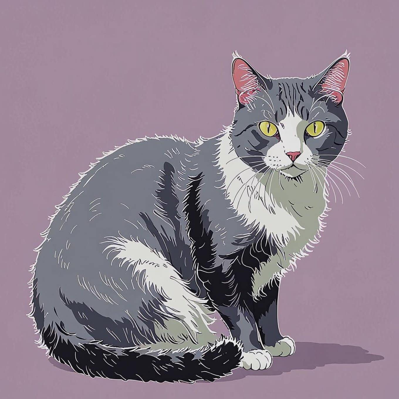 A gray and white cat sitting on the ground with its tail tucked (tail down, tucked or wrapped around the body)