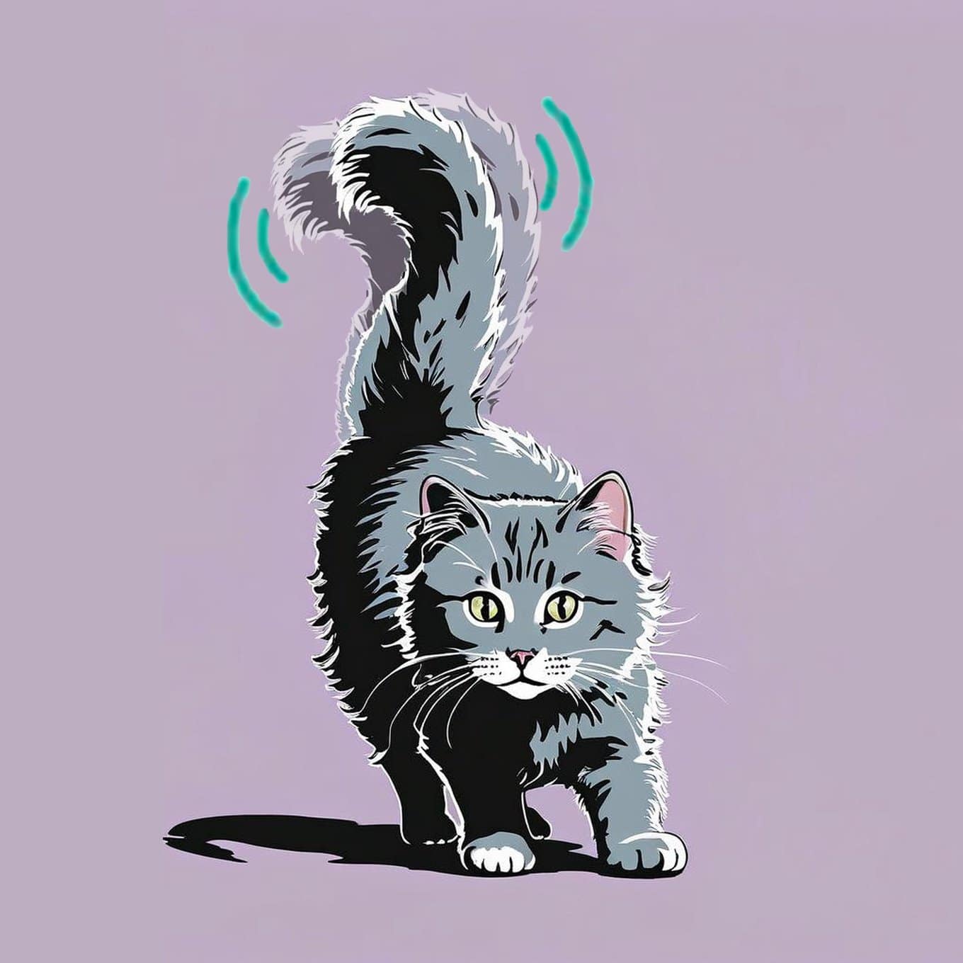 A gray and white cat holds its tail up and moves it slowly from side to side