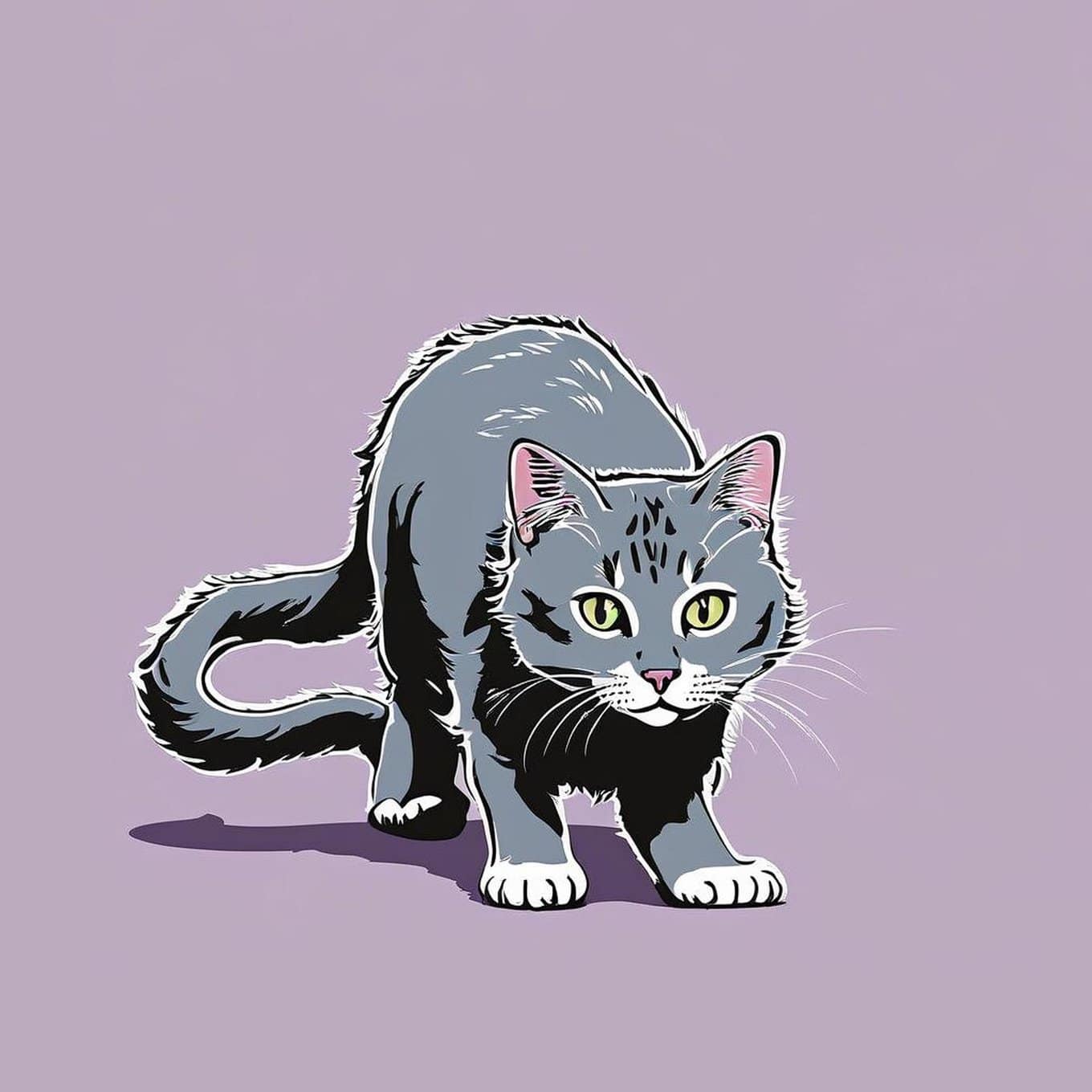 A gray and white cat wagging its tail