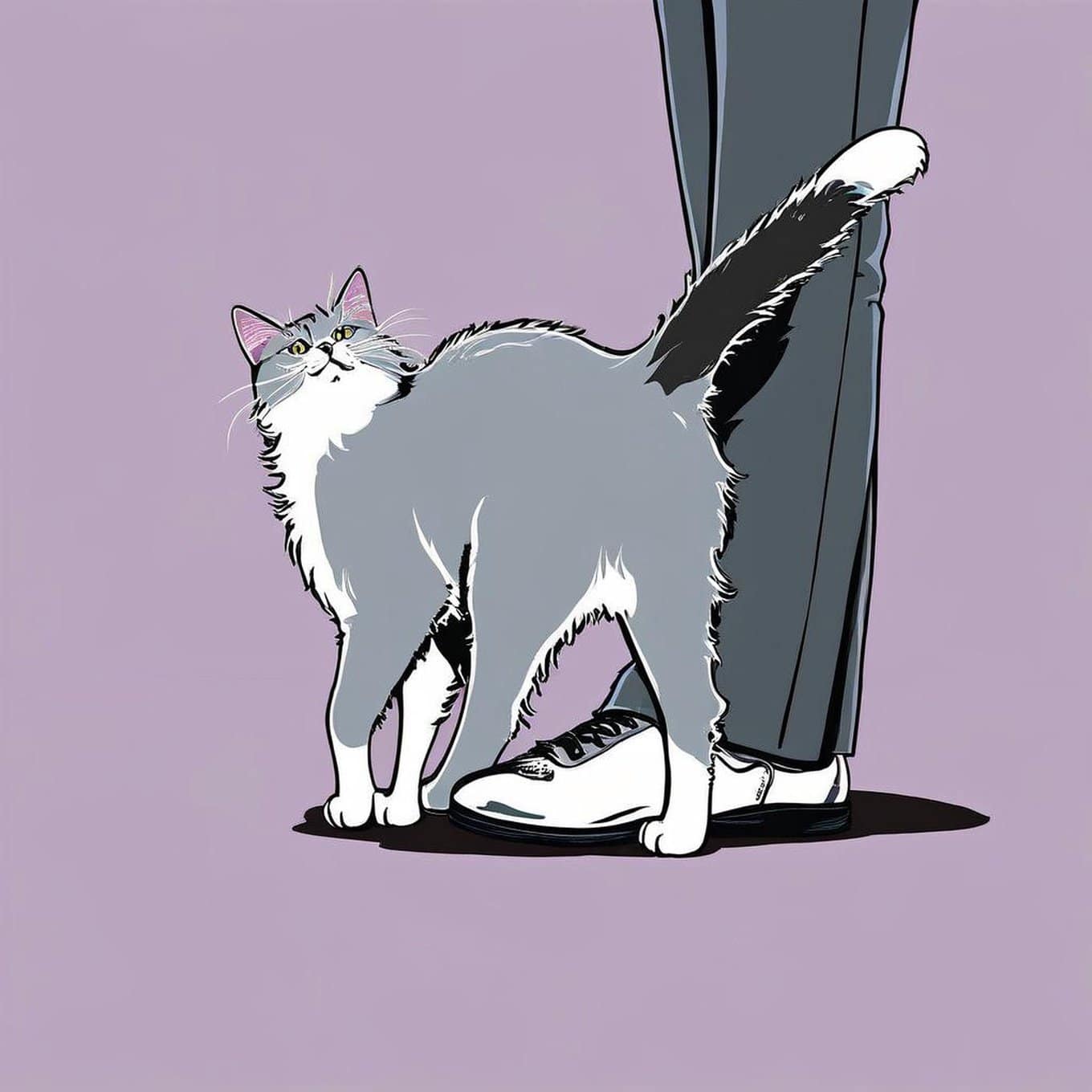 A gray and white cat clings to its owner with its tail wrapped around the person's legs